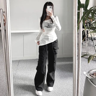 Asymmetrical Angel Shirred Cutout Long Sleeve T-shirt Tee