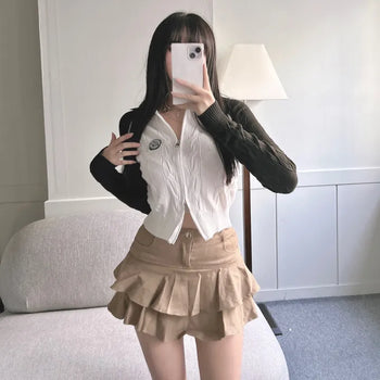 Two-way Cable Raglan Color Block Patch Knit Zip-up