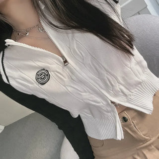 Two-way Cable Raglan Color Block Patch Knit Zip-up