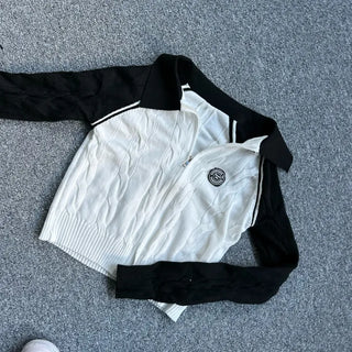 Two-way Cable Raglan Color Block Patch Knit Zip-up