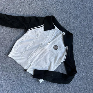 Two-way Cable Raglan Color Block Patch Knit Zip-up