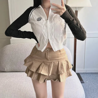 Two-way Cable Raglan Color Block Patch Knit Zip-up