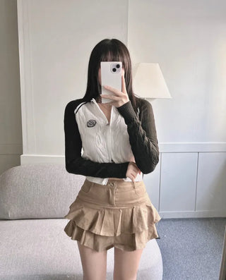 Two-way Cable Raglan Color Block Patch Knit Zip-up
