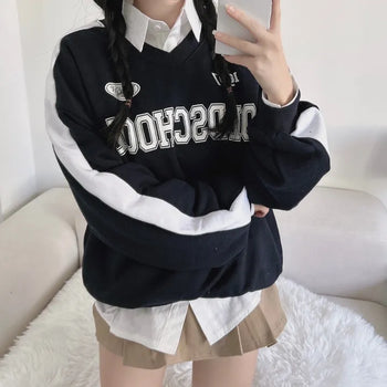 Unisex Old School Lettering V-Neck Contrast Sweatshirt Terry