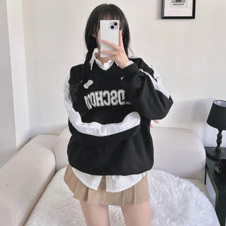 Unisex Old School Lettering V-Neck Contrast Sweatshirt Terry