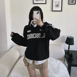 Unisex Old School Lettering V-Neck Contrast Sweatshirt Terry