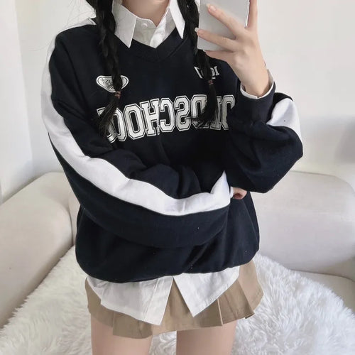Unisex Old School Lettering V-Neck Contrast Sweatshirt Terry