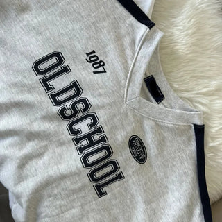Unisex Old School Lettering V-Neck Contrast Sweatshirt Terry