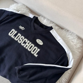 Unisex Old School Lettering V-Neck Contrast Sweatshirt Terry