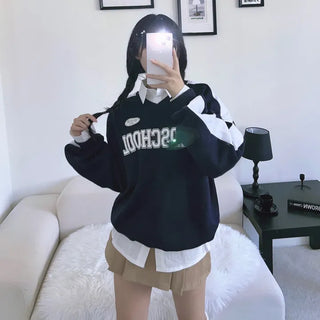 Unisex Old School Lettering V-Neck Contrast Sweatshirt Terry