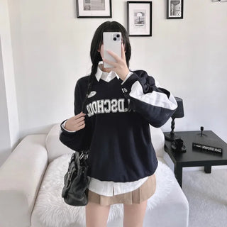Unisex Old School Lettering V-Neck Contrast Sweatshirt Terry