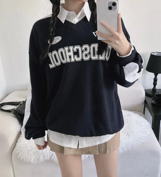 Unisex Old School Lettering V-Neck Contrast Sweatshirt Terry