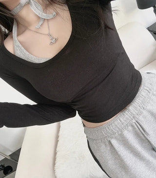 Selly U-Neck Crop Long Sleeve T-Shirt Top Ribbed