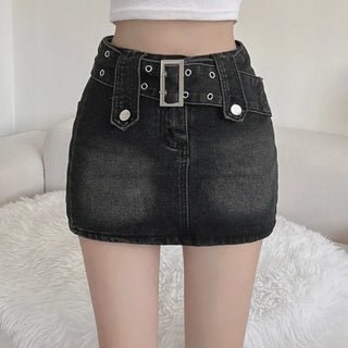 Rock belt double washed denim skirt high teen