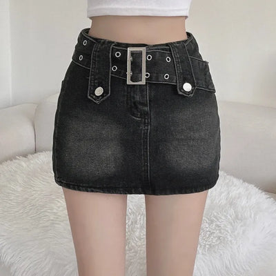 Rock belt double washed denim skirt high teen