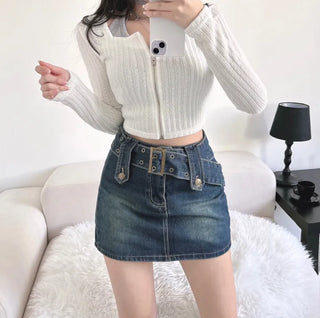 Rock belt double washed denim skirt high teen