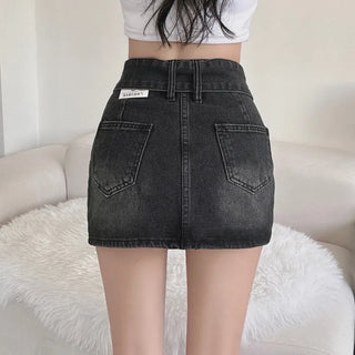 Rock belt double washed denim skirt high teen