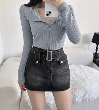 Rock belt double washed denim skirt high teen