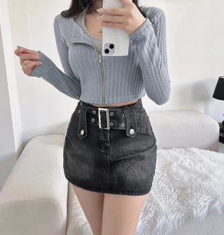 Rock belt double washed denim skirt high teen
