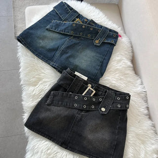 Rock belt double washed denim skirt high teen