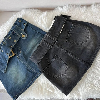 Rock belt double washed denim skirt high teen