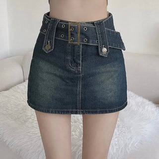 Rock belt double washed denim skirt high teen