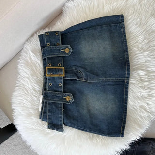 Rock belt double washed denim skirt high teen