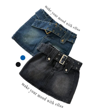 Rock belt double washed denim skirt high teen