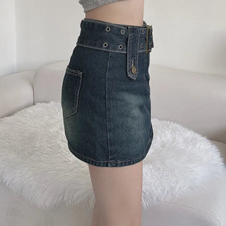 Rock belt double washed denim skirt high teen