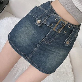 Rock belt double washed denim skirt high teen