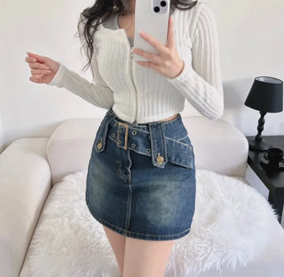 Rock belt double washed denim skirt high teen