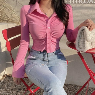 Glam Shirring Bobby Shirt Cardigan Long Sleeve T-shirt