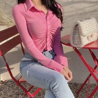Glam Shirring Bobby Shirt Cardigan Long Sleeve T-shirt