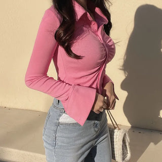 Glam Shirring Bobby Shirt Cardigan Long Sleeve T-shirt