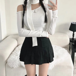 Asymmetrical Half-Off-Shoulder Long-Sleeve Muffler Tee Choker Ribbed Scarf