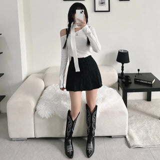 Asymmetrical Half-Off-Shoulder Long-Sleeve Muffler Tee Choker Ribbed Scarf