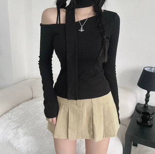 Asymmetrical Half-Off-Shoulder Long-Sleeve Muffler Tee Choker Ribbed Scarf