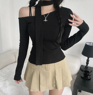 Asymmetrical Half-Off-Shoulder Long-Sleeve Muffler Tee Choker Ribbed Scarf