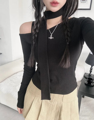 Asymmetrical Half-Off-Shoulder Long-Sleeve Muffler Tee Choker Ribbed Scarf