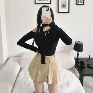 Asymmetrical Half-Off-Shoulder Long-Sleeve Muffler Tee Choker Ribbed Scarf