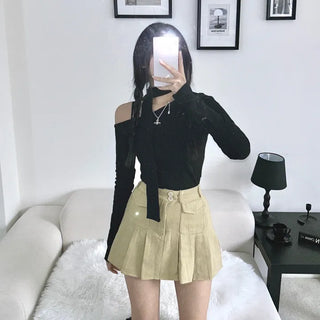 Asymmetrical Half-Off-Shoulder Long-Sleeve Muffler Tee Choker Ribbed Scarf
