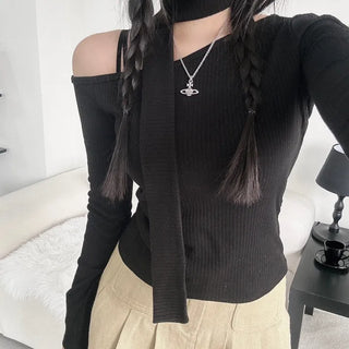 Asymmetrical Half-Off-Shoulder Long-Sleeve Muffler Tee Choker Ribbed Scarf
