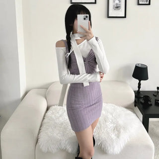 Asymmetrical Half-Off-Shoulder Long-Sleeve Muffler Tee Choker Ribbed Scarf