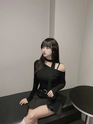 Asymmetrical Half-Off-Shoulder Long-Sleeve Muffler Tee Choker Ribbed Scarf