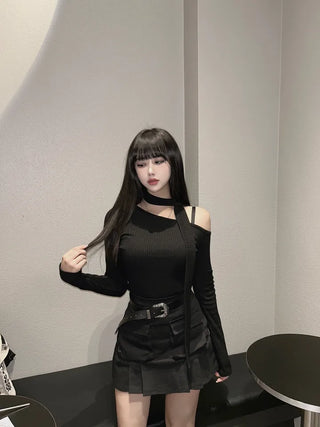 Asymmetrical Half-Off-Shoulder Long-Sleeve Muffler Tee Choker Ribbed Scarf