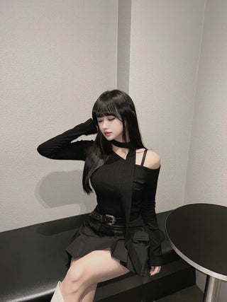 Asymmetrical Half-Off-Shoulder Long-Sleeve Muffler Tee Choker Ribbed Scarf