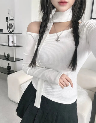 Asymmetrical Half-Off-Shoulder Long-Sleeve Muffler Tee Choker Ribbed Scarf