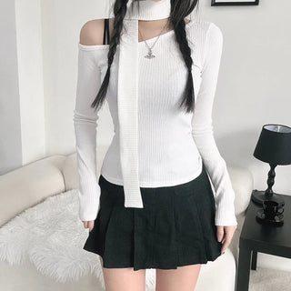 Asymmetrical Half-Off-Shoulder Long-Sleeve Muffler Tee Choker Ribbed Scarf