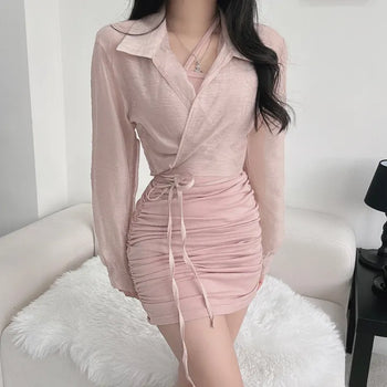 Photoshop Crop Shirt Wrap Ribbon Strap Mini Dress