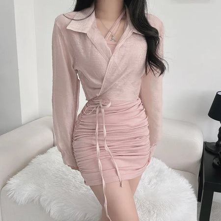 Photoshop Crop Shirt Wrap Ribbon Strap Mini Dress